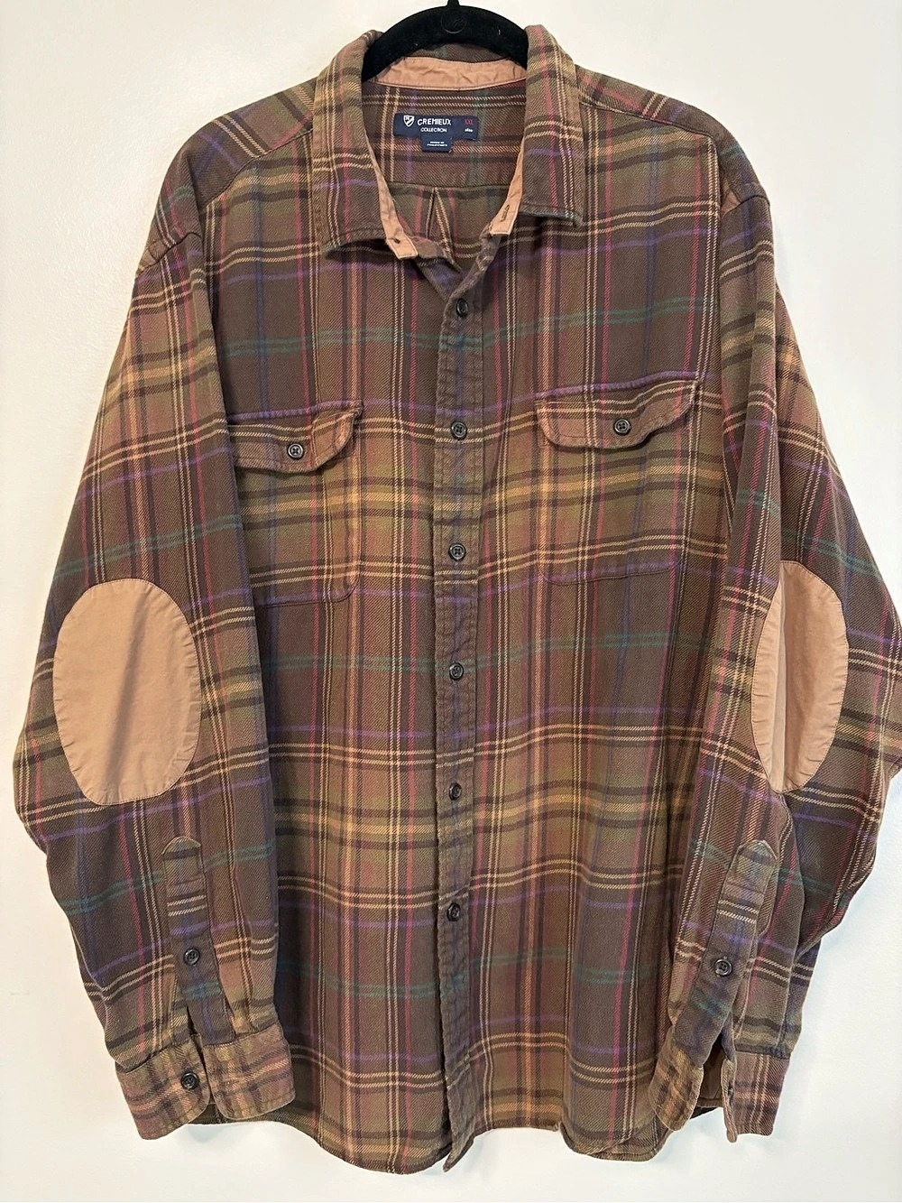 CREMIEUX Men's Brown Cotton Flannel Plaid Shirt Elbow Patches Sz XXL